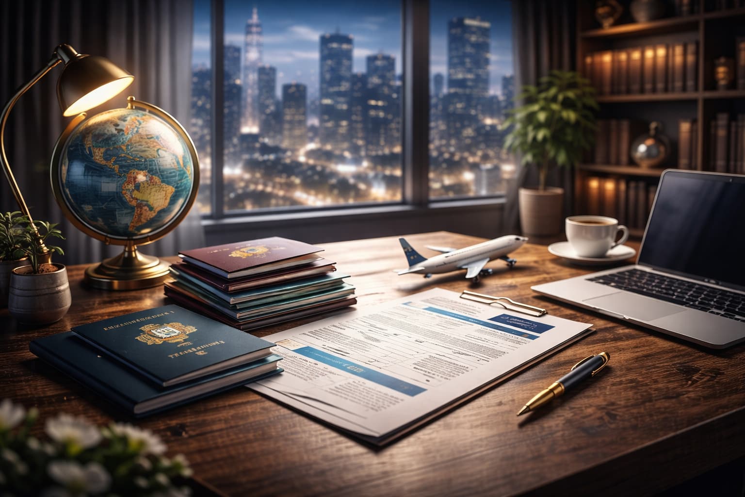 A professional visa consultancy desk scene, neatly arranged travel documents, passport, visa application forms, pen and folder on a clean office desk, soft natural lighting, neutral colors, minimalist corporate style, no people, high realism, shallow depth of field, premium business photography